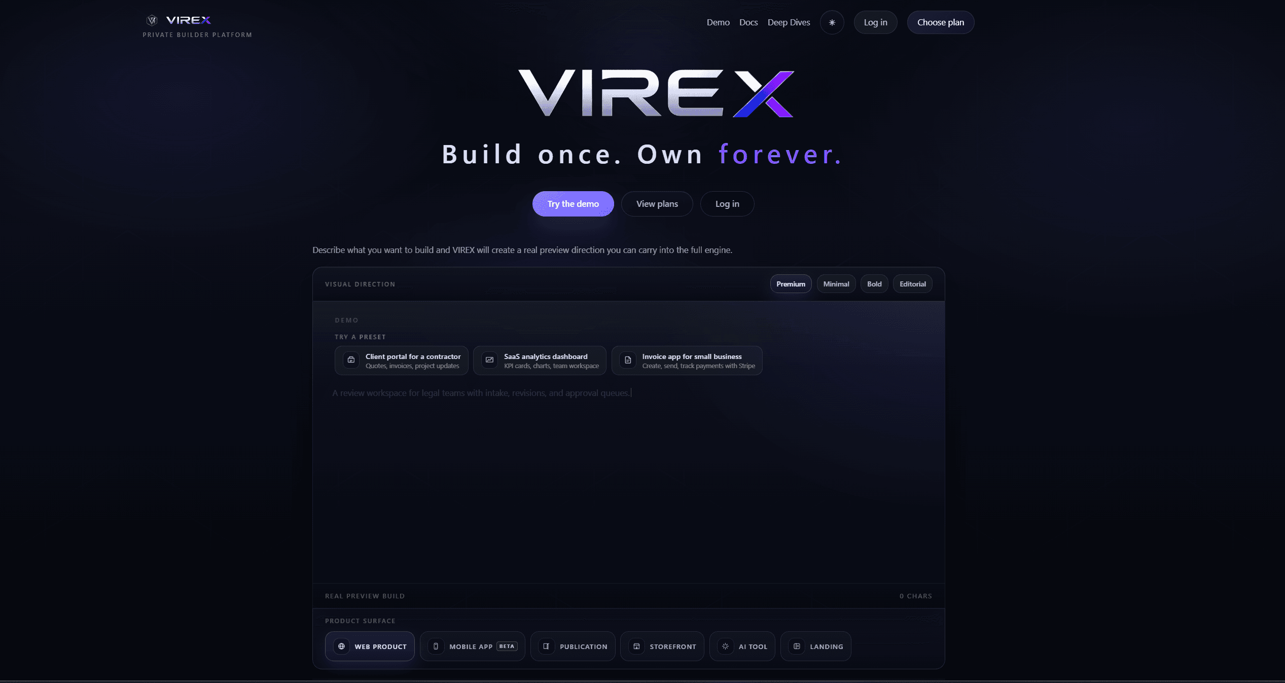 VIREX landing page and live demo